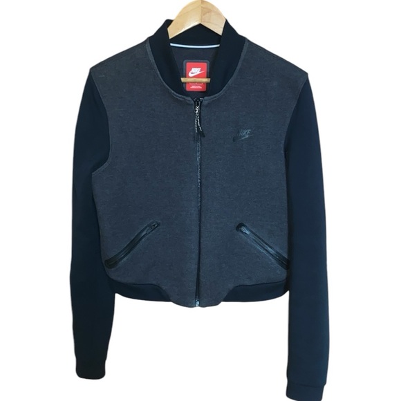 Nike Women Tech Fleece Cropped Bomber Jacket Black Charcoal Grey Sz Large - Picture 1 of 10